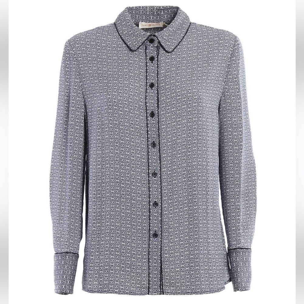 Tory Burch Silk Button Down Cherie Navy Pattern 8